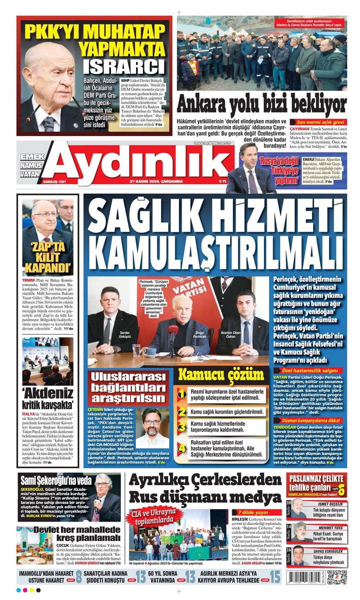 "Özel Hastanecilik Salgını  
SAĞLIK HİZMETİ KAMULAŞTIRILMALI" 

#Aydınlık – 27 Kasım 2024
Aydınlık, Tüm Gücünü Milletinden Alır

Gerçekleri AYDINLIK Yazar aydinlik.com.tr