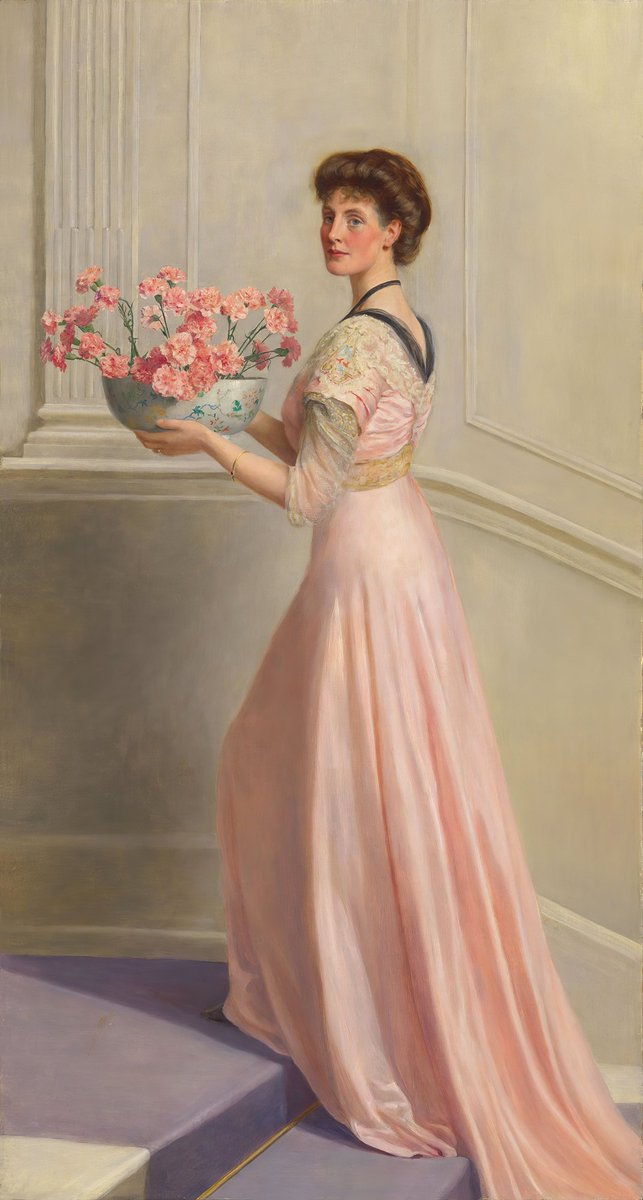 "Portrait of a lady in pink carrying a bowl of pink carnations"
{Date unknown}
By ~ John Collier