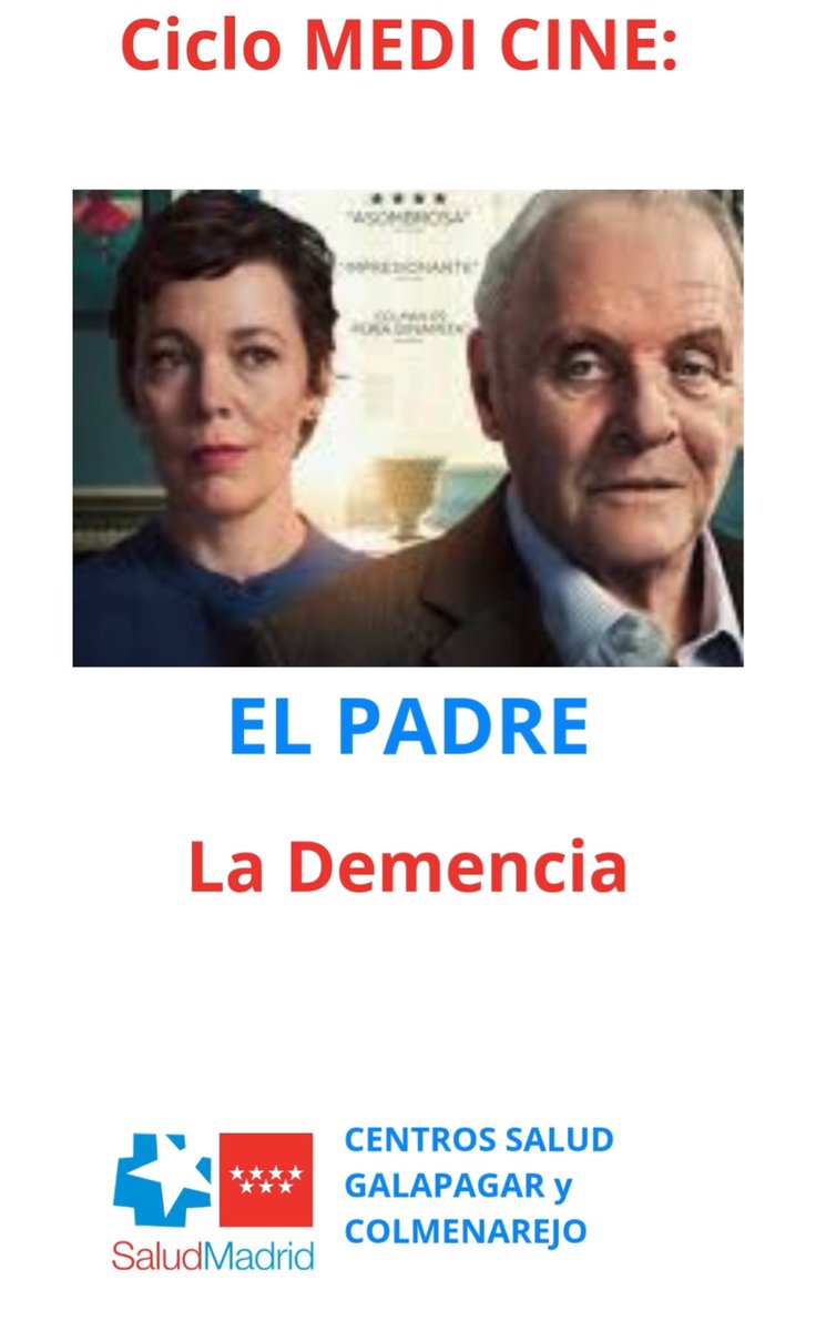 Medi Cine: 
🎬 El Padre. Hablaremos sobre la demencia,
🎞️ Jueves 28 de noviembre a las 19 h en Galapagar:
- Biblioteca Ricardo León
🎞️ Viernes 29 de noviembre a las 19h en Colmenarejo.
- Teatro de Colmenarejo
#demencia #cine #medicina #medicine
#Galapagar #Colmenarejo