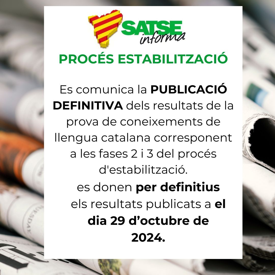 SATSECatalunya's tweet photo. 📢📢 #OposICS d’estabilització: es comunica la publicació definitiva dels resultats de la prova de coneixements de llengua catalana. Més info👉 https://t.co/3Mhs8CQ0Bb https://t.co/7PxjBu13k5
