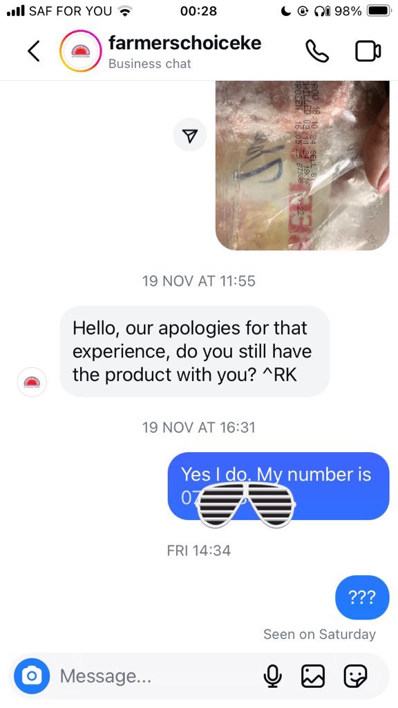 Cherowinnie's tweet photo. @FarmersChoiceKE I reached out to you on Instagram DM and this is all I got for 3 weeks now.  When I call you out, the post gets deleted. It’s been almost 3 weeks and no proper response @KEBS_ke #KOT I need help. https://t.co/M0HAWuLfEy