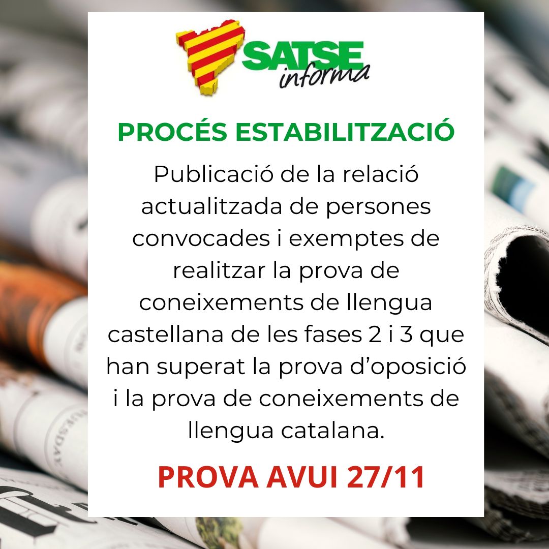 SATSECatalunya's tweet photo. 📢📢#OposICS Oposicions d’estabilització: actualització de les persones convocadles i exemptes de la prova de llengua castellana de les fases 2 i 3 https://t.co/sGKQoLvvBW https://t.co/HYZYQZAshm