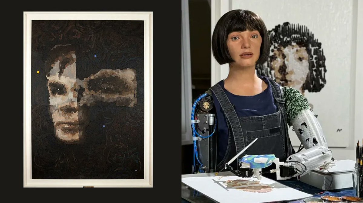 Visionaire_AI's tweet photo. Photos of Ai-Da Robot talking about her art to news reporters. #ai #artist #Robotics https://t.co/RLKukQkW06