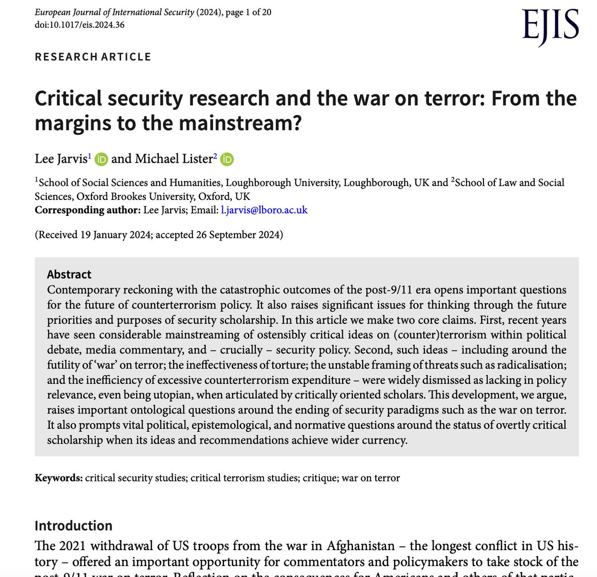 Lee Jarvis (@leejarvispols) on Twitter photo Really pleased to see this article published by <a href="/EJIntSec/">European Journal of International Security</a>. Co-authored with Michael Lister, we ask what it means when critical ideas around counterterrorism achieve wider credibility. Free to access here: doi.org/10.1017/eis.20… Really pleased to see this article published by <a href="/EJIntSec/">European Journal of International Security</a>. Co-authored with Michael Lister, we ask what it means when critical ideas around counterterrorism achieve wider credibility. Free to access here: doi.org/10.1017/eis.20…