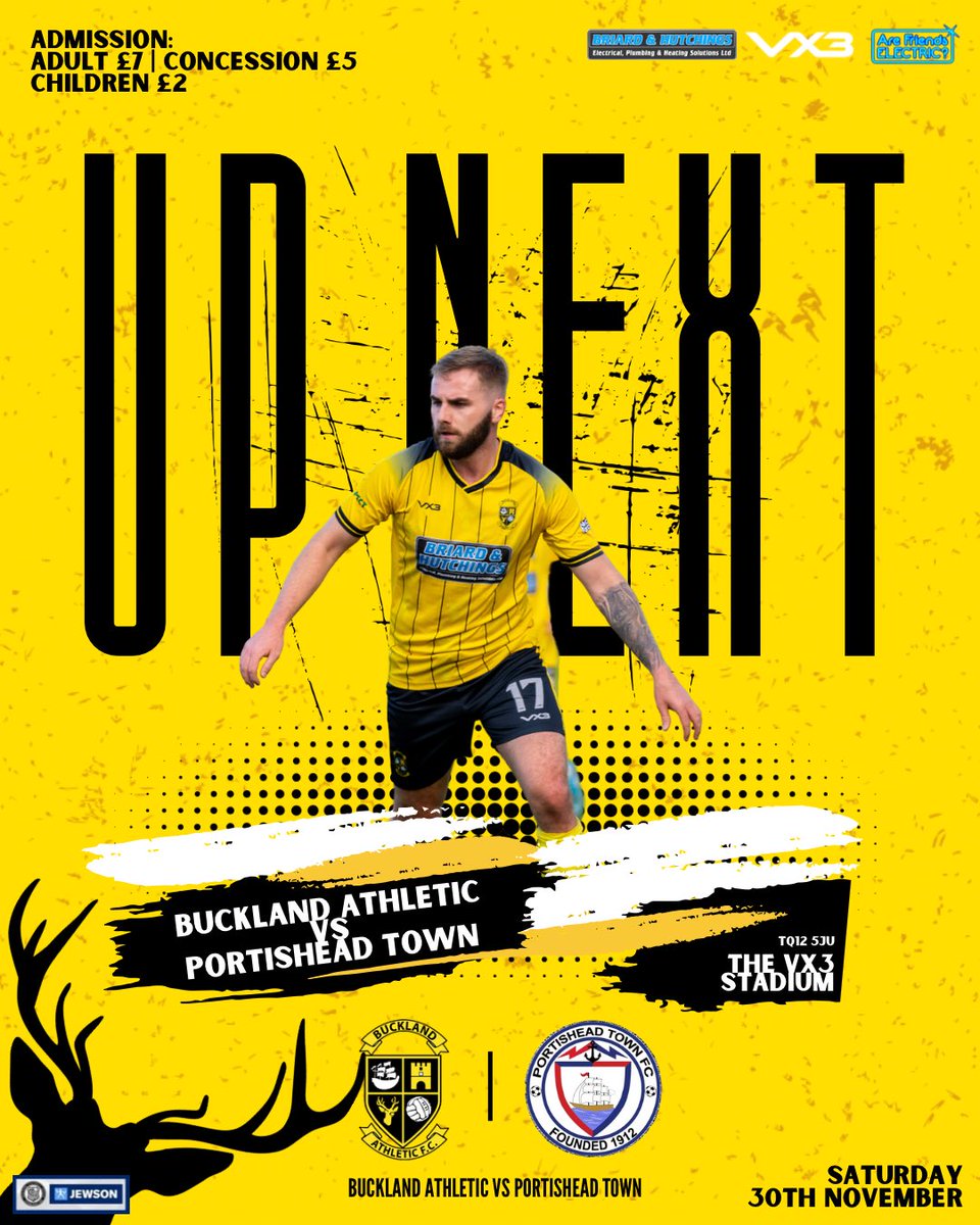 Buckland Athletic (@officalbafc) on Twitter photo ๐คท๐ผโโ๏ธ | Whatโs up next?
๐๏ธ Saturday 30th November
๐๏ธ <a href="/PortisheadTown/">Portishead Town FC</a>
๐ <a href="/_WesternLeague_/">Western League</a>
๐ The <a href="/VX3apparel/">VX3</a> Stadium - Homers Heath, TQ12 5JU
๐ท ยฃ7 Adults, ยฃ5 Concessions, ยฃ2 Children (Under 16)
โฑ๏ธ 3pm KO
๐ช Open at 12pm
๐ Live Rugby in the clubhouse from 2pm
#UpTheBucks ๐ฆ ๐คท๐ผโโ๏ธ | Whatโs up next?
๐๏ธ Saturday 30th November
๐๏ธ <a href="/PortisheadTown/">Portishead Town FC</a>
๐ <a href="/_WesternLeague_/">Western League</a>
๐ The <a href="/VX3apparel/">VX3</a> Stadium - Homers Heath, TQ12 5JU
๐ท ยฃ7 Adults, ยฃ5 Concessions, ยฃ2 Children (Under 16)
โฑ๏ธ 3pm KO
๐ช Open at 12pm
๐ Live Rugby in the clubhouse from 2pm
#UpTheBucks ๐ฆ