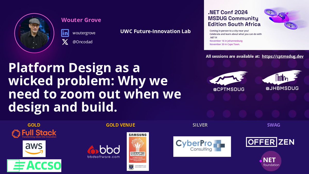 🚨Get your tickets NOW for .NET Conf 2024 MSDUG Community Edition in Cape Town!

🎉Join  Wouter Grove for: ...Why we need to zoom out when we design and build.🎉

Join us in person: 
📅 Nov 30, 2024 : cptmsdug.dev
quicket.co.za/events/285356-…
#dotnetconf