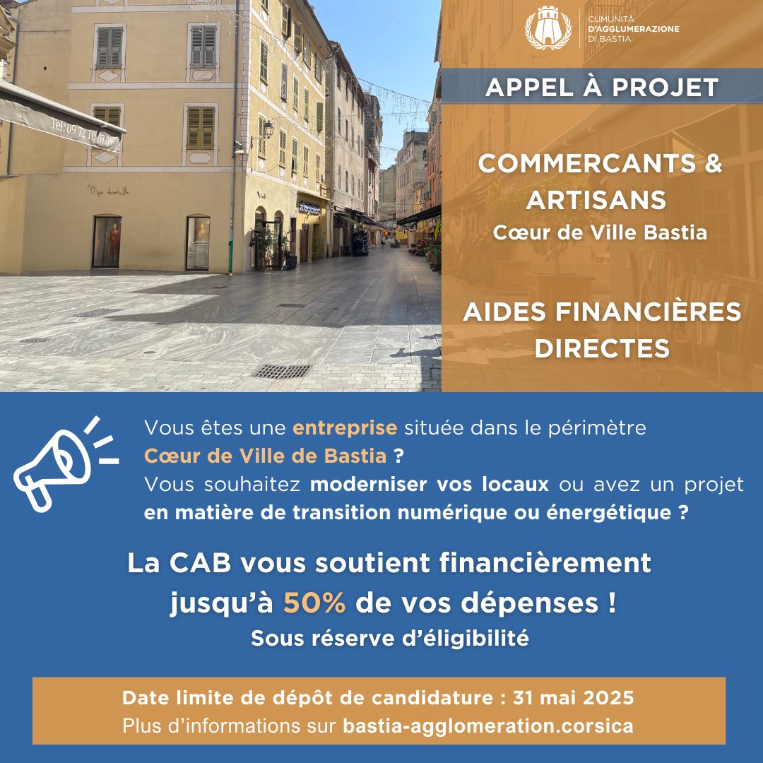 #Ecunumia | Aides financières directes pour les entreprises du Centre-Ville de Bastia !

📢 Vous êtes une entreprise située dans le périmètre Cœur de Ville de <a href="/Cita_Bastia/">Cità di Bastia</a> ?
(📍Quartier St Joseph jusqu’au Haut du Boulevard Graziani) 

☝🏻Vous souhaitez moderniser votre local
