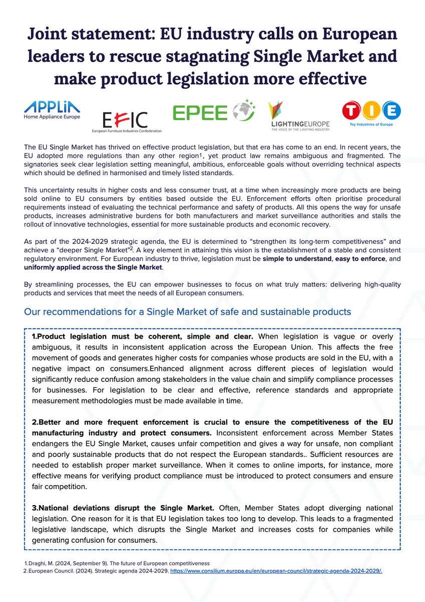 APPLiA 🏡 (@applia_europe) on Twitter photo 🚨 APPLiA and other European industries call on EU leaders for harmonised, clear, and enforceable product rules in the Single Market.
Read the full statement ⬇️
@EFIC_bxl <a href="/EPEESecretariat/">EPEE</a> <a href="/LightingEurope/">LightingEurope</a> <a href="/TIEtoyEU/">Toy Industries of Europe</a> 🚨 APPLiA and other European industries call on EU leaders for harmonised, clear, and enforceable product rules in the Single Market.
Read the full statement ⬇️
@EFIC_bxl <a href="/EPEESecretariat/">EPEE</a> <a href="/LightingEurope/">LightingEurope</a> <a href="/TIEtoyEU/">Toy Industries of Europe</a>
