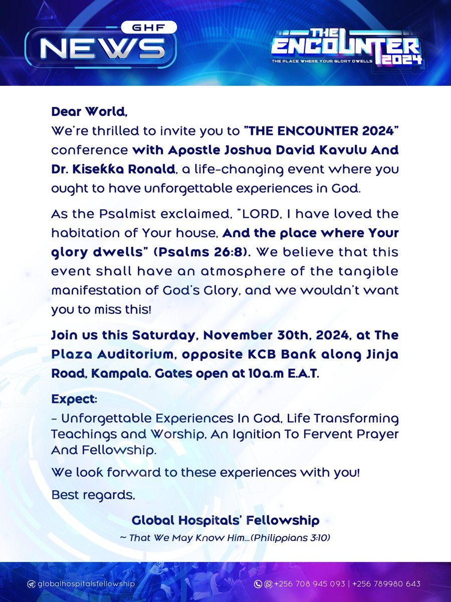 LilianCherimo's tweet photo. 📨You Are Invited
The Encounter 2024 | This Saturday, 30th November 2024 | The Plaza Auditorium, Kampala | 10am EAT | Free Entry.
Kindly Register To Confirm Attendance: https://t.co/R8cyObNhai
#TheEncounter2024🔥
#Invite10Friends🔟 https://t.co/0I1Hr79SCn