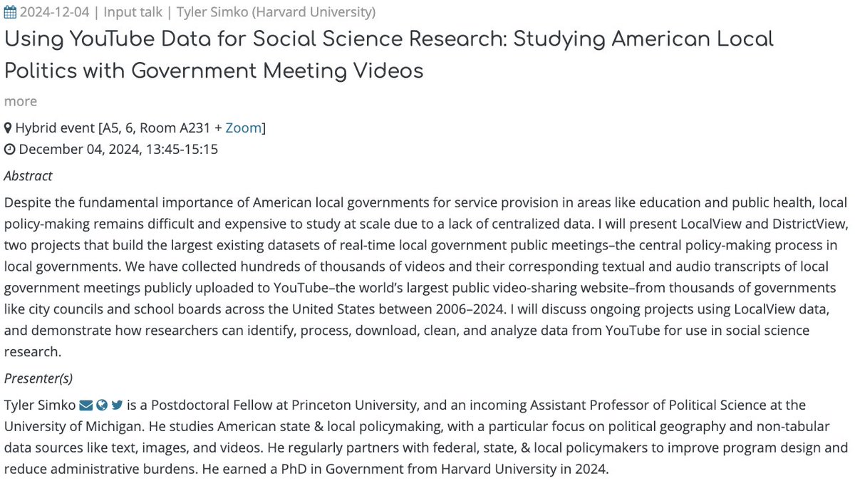 @mzes-ssdl.bsky.social (@mzes_ssdl) on Twitter photo 🚨 Upcoming: "Using YouTube Data for Social Science Research: Studying American Local Politics with Government Meeting Videos"
👤 <a href="/tylersimko/">Tyler Simko</a> (<a href="/Princeton/">Princeton University</a>)
🗓️ Wed, Dec 4, 13:45-15:15 CET
📺 Register for the live stream: us02web.zoom.us/meeting/regist…
🔗 …alsciencedatalab.mzes.uni-mannheim.de/page/events/ 🚨 Upcoming: "Using YouTube Data for Social Science Research: Studying American Local Politics with Government Meeting Videos"
👤 <a href="/tylersimko/">Tyler Simko</a> (<a href="/Princeton/">Princeton University</a>)
🗓️ Wed, Dec 4, 13:45-15:15 CET
📺 Register for the live stream: us02web.zoom.us/meeting/regist…
🔗 …alsciencedatalab.mzes.uni-mannheim.de/page/events/