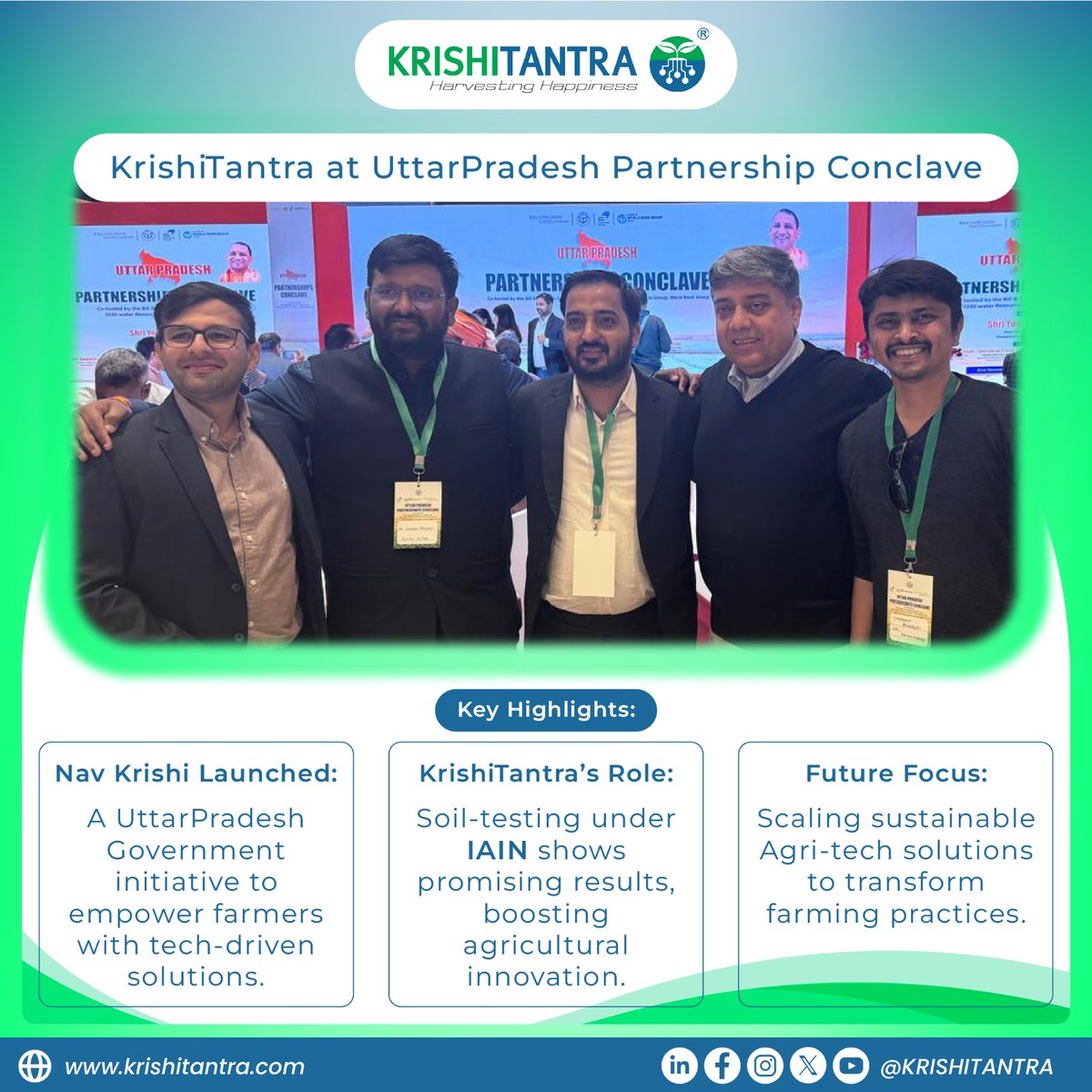 #KrishiTantra at UP Partnership Conclave

Proud to support the launch of #NavKrishi by UP Govt, empowering farmers with tech-driven solutions!

✅ Soil-testing under IAIN boosting productivity
✅ Scaling agri-tech for a sustainable future

🌐 krishitantra.com

#AgriTech