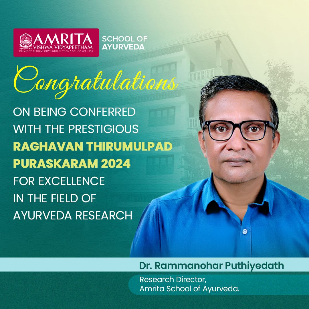#Amrita professor, Dr. P. Rammanohar, Research Director, <a href="/amrita_acara/">Amrita Centre for Advanced Research in Ayurveda</a>, School of #Ayurveda was conferred with the prestigious Raghavan Thirumulpad #Puraskaram 2024 on November 21, 2024 by the Chalakudy Municipality &amp; Thirumulpad Foundation. 

Congratulations Dr. Rammanohar!
