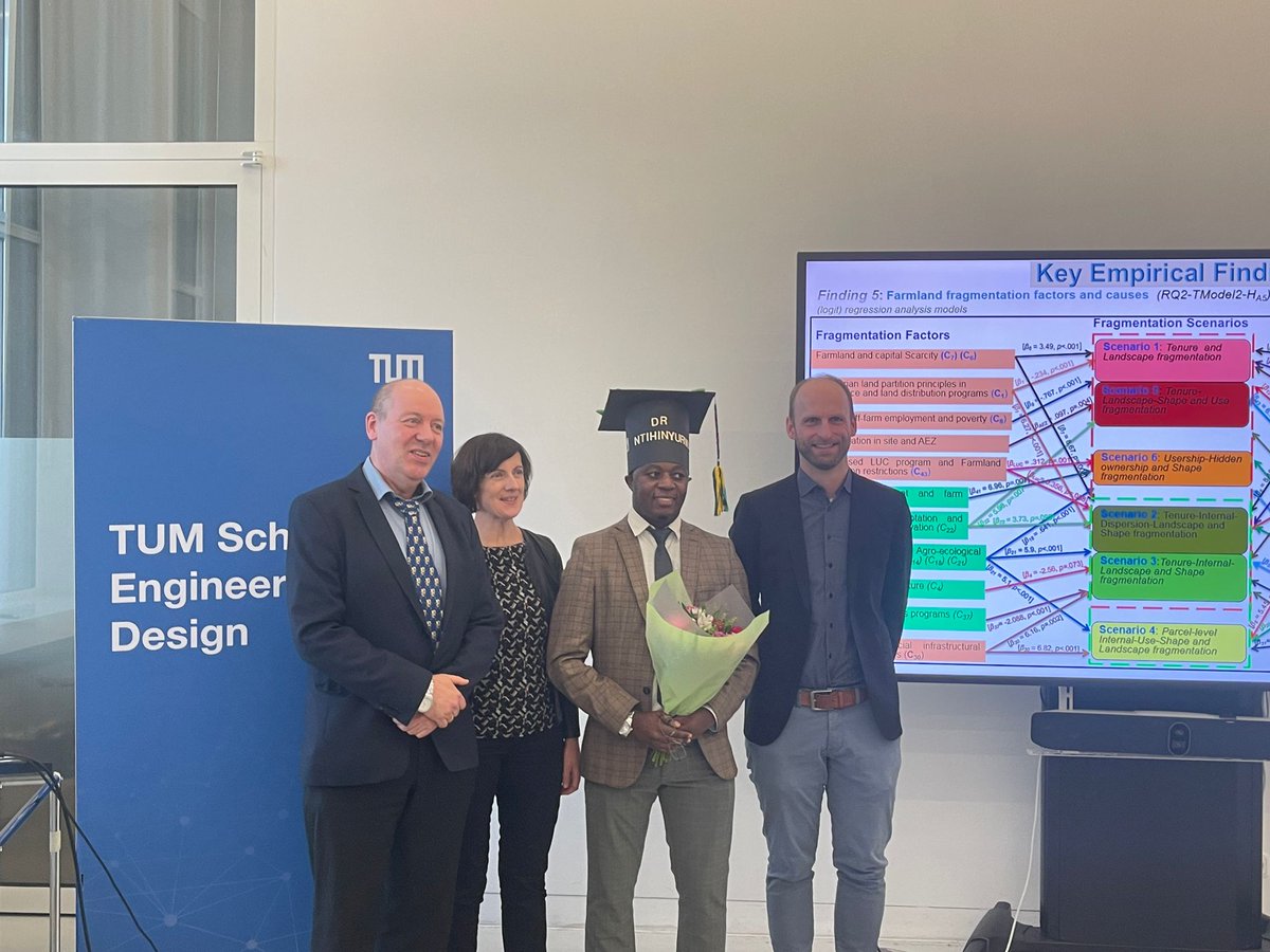 TUM_LM's tweet photo. Congratulations to Dr.-Ing Pierre Damien Ntihinyurwa, who successfully defended his doctoral research on sustainable farmland fragmentation and modeling of fragmentation scenarios in Rwanda. We wish him all the best in this new chapter of his research career.@wtdevries https://t.co/y0hfhkV2nA