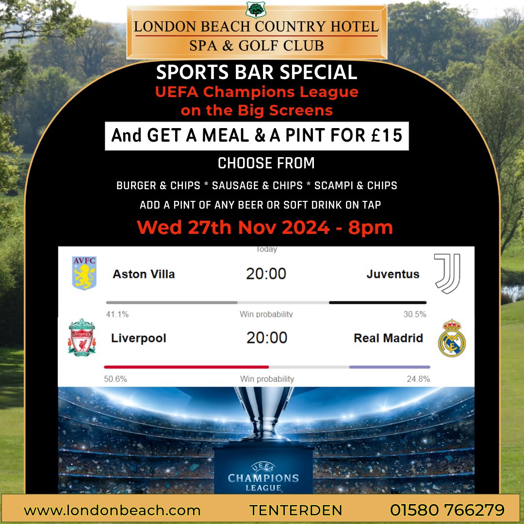 Come and watch the UEFA league tonight on the big screens at London Beach. Both Liverpool and Aston Villa are playing.