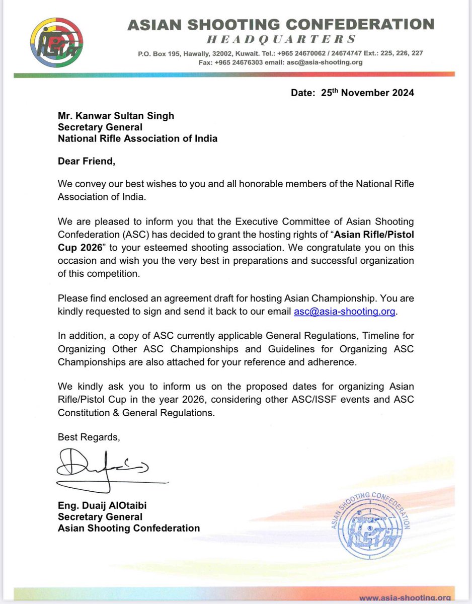 OfficialNRAI's tweet photo. Excellent news coming in. India to host yet another top international shooting competition come 2026- The Asian Rifle/Pistol Cup. Congratulations to all involved!🎉🎊👏🇮🇳

#Rifle #Pistol #IndianShooting #Shooting 

@Media_SAI @IndiaSports https://t.co/GO02AsRqqs