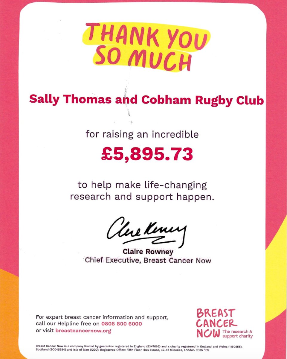 Cobham RFC (@cobhamrfc) on Twitter photo Cobham RFC has received a special thank you from <a href="/BreastCancerNow/">Breast Cancer Now</a> for raising almost £6,000 at our recent Ladies Lunch.
You can read a copy of the message here: cobhamrugby.co.uk/post/cobham-rf…
Huge thank you to everyone involved, especially Sally Thomas! Cobham RFC has received a special thank you from <a href="/BreastCancerNow/">Breast Cancer Now</a> for raising almost £6,000 at our recent Ladies Lunch.
You can read a copy of the message here: cobhamrugby.co.uk/post/cobham-rf…
Huge thank you to everyone involved, especially Sally Thomas!