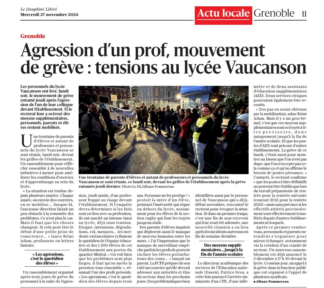 #Grenoble 
3 jours de grève au lycée #Vaucanson suite à l'agression d'un enseignant. 
Si des effectifs supplémentaires ont été obtenus pr cette année, enseignants et parents restent mobilisés pr mettre en place un "comité de secteur"