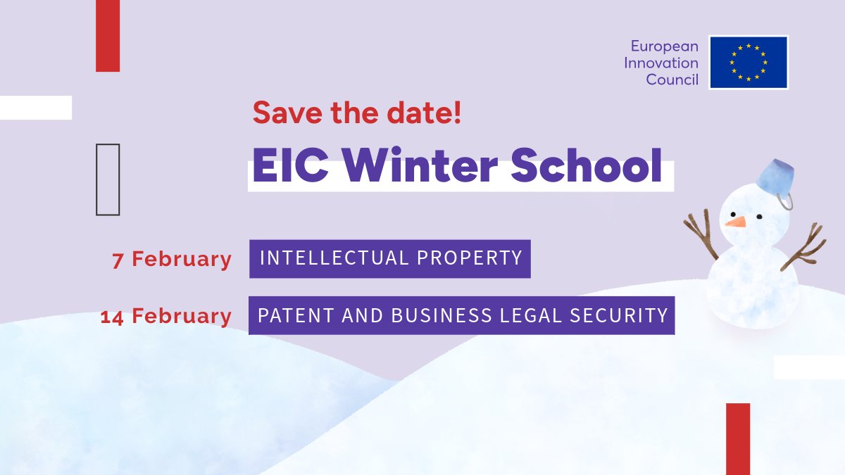 EUeic's tweet photo. The #EUeic Winter School is back! ☃️

All EIC beneficiaries are welcome to join our two online sessions on intellectual property and legal strategies for deep tech innovations  on 7 &amp; 14 February 2025.

Applications will open December. Stay tuned 👉 https://t.co/z6kZ6zLI3r https://t.co/Ghy3J3oBxj