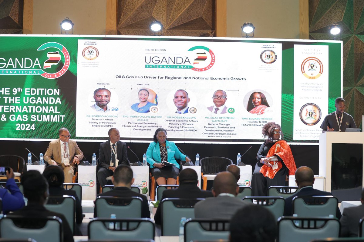 AmanyaStuartJr's tweet photo. Panel Discussion: Oil & Gas as a Driver for Regional and National Economic Growth. #UIOGS2024
Panellists:
1. Eng. Irene Pauline Bateebe PS @MEMD_Uganda
2. Dr. Riverson Oppong, Director - Africa, Society of Petroleum Engineers
3. Mr. Moses Kaggwa, Director, Economic Affairs, @mofpedU
4. Eng. Elizabeth Rogo, Founder & CEO, TSAVO Oilfield Services
5. Mr. Silas Omomehin Ajimijaye, General Manager, Research, Statistics, and Development, Nigerian Content Development and Monitoring Board.