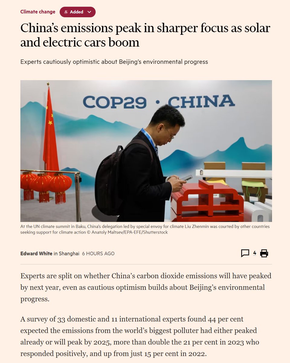 China's emissions peak: "China’s boom in green energy and EVs this year has exceeded expectations, even after “explosive” growth in 2023. At the same time, the heavily polluting building industry has gone into decline"

Properly huge news

ft.com/content/352c92… #climate