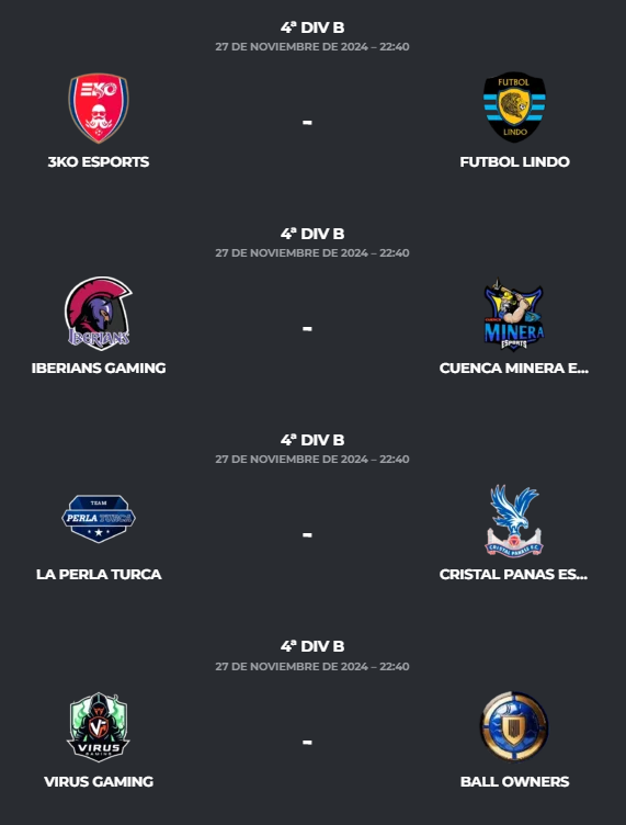 PLG_Spain's tweet photo. 📅𝐉𝐨𝐫𝐧𝐚𝐝𝐚 1⃣1⃣ - 𝟒ª 𝐃𝐢𝐯𝐢𝐬𝐢𝐨́𝐧 𝐁
⏰ 22:40
⚔️ @3KO_eSports 🆚 @FutbolLindoCF
⚔️ @IberiansGaming 🆚 @CMineraeSports
⚔️ @laperlaturca77 🆚 @CristalPanas
⚔️ @_Virus_Gaming 🆚 @BallOwners2024
⚔️ @UltimateEsp17 🆚 #KamiLegends
⚔️ @transformers_cf 🆚 @Marbella_FC_
⚔️ #StrikeBack 🆚 @MRJAeSport
⚔️ @generalrrap 🆚 @NazgulNation
📺 ¿Emites alguno de estos partidos? 👇 Déjanos en comentarios tu link para disfrutar de la jornada.
#8PLG #4YOU 🫵🏻