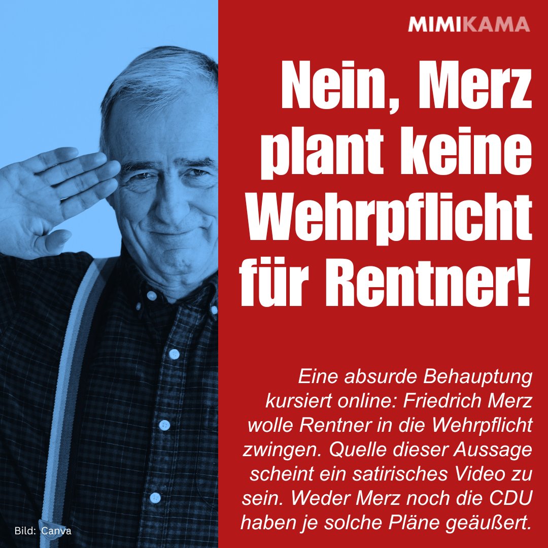 Eine absurde Behauptung sorgt für Aufsehen: Friedrich Merz möchte eine Wehrpflicht für Rentner einführen, bei der sie für die Sicherheit des Landes einstehen und in die Rentenkasse einzahlen sollen.
Zum Faktencheck: mimikama.org/wehrpflicht-re…