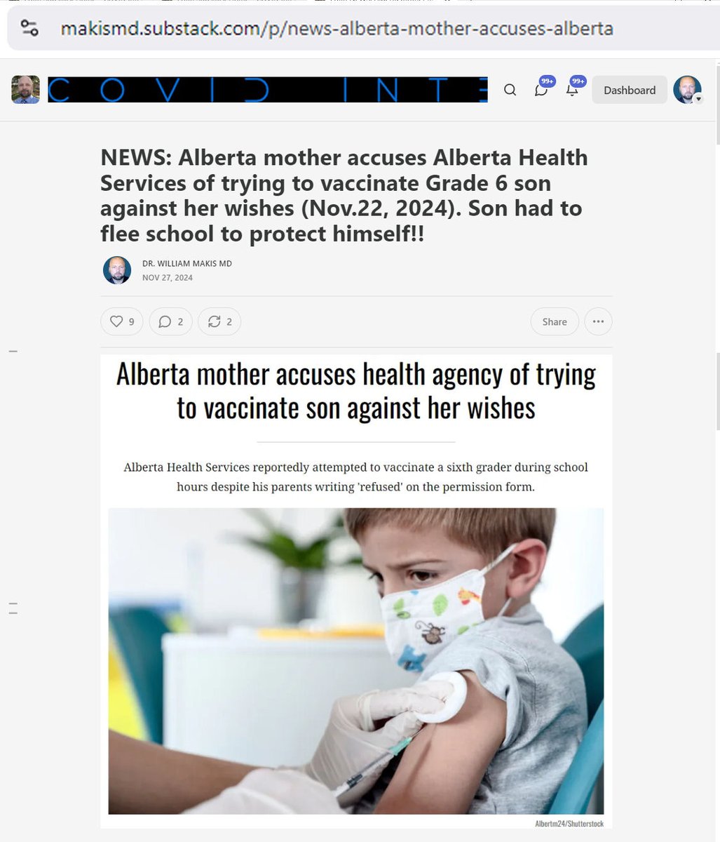 NEW ARTICLE: Alberta mother accuses Alberta Health Services of trying to vaccinate Grade 6 son against her wishes. Son had to flee school to protect himself in freezing temperatures!!

Another vaccine horror story coming out of Alberta.

On November 6, 2024 Alberta Health
