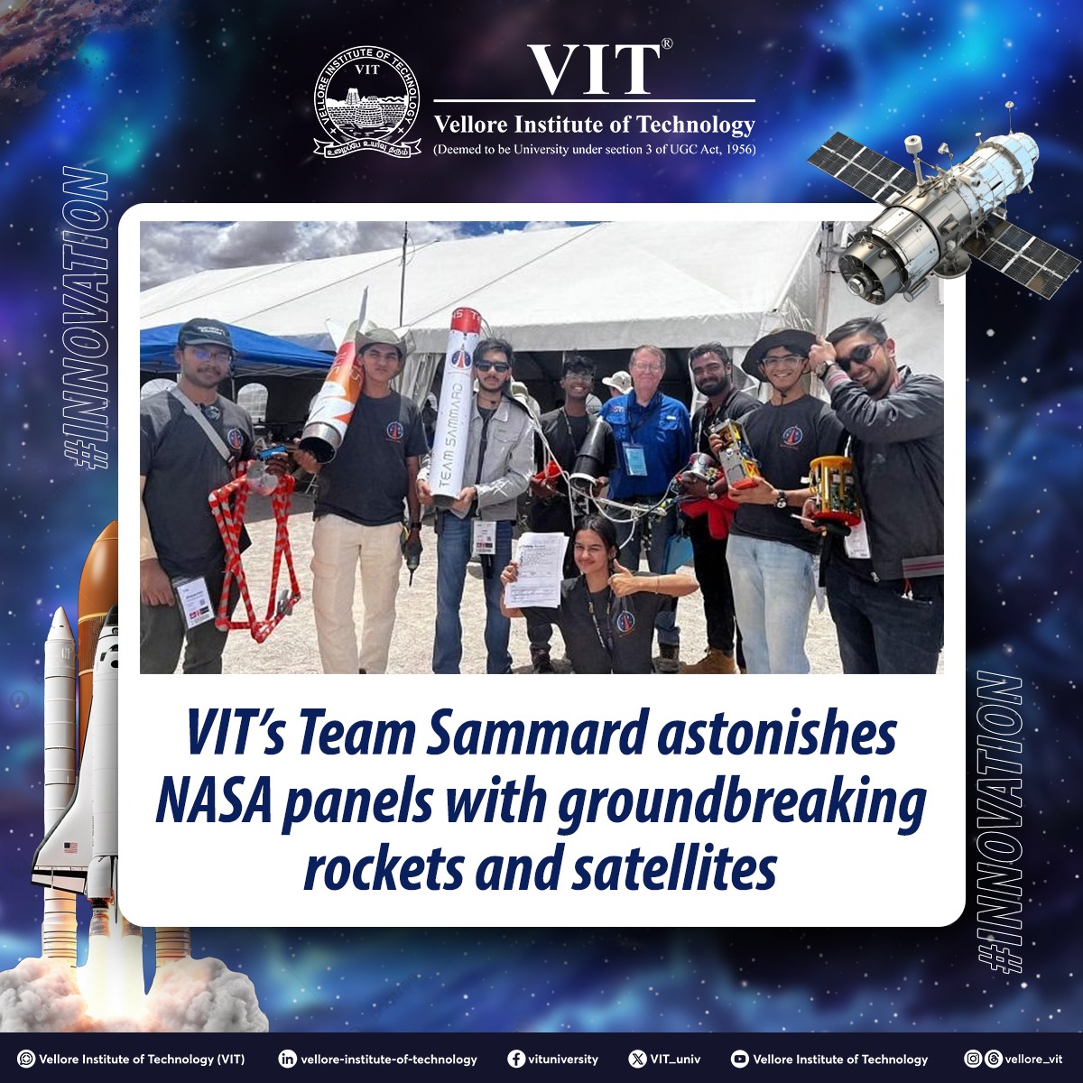 VIT_univ's tweet photo. #TeamSammard - VIT's Rocketry prodigies dominate the Global Aerospace Scene by wowing the NASA panel and getting placed as India’s top 3 CanSat team.
#VIT #VITRocketryTeam #NASA #CanSatCompetition https://t.co/hs1LkjpOw8