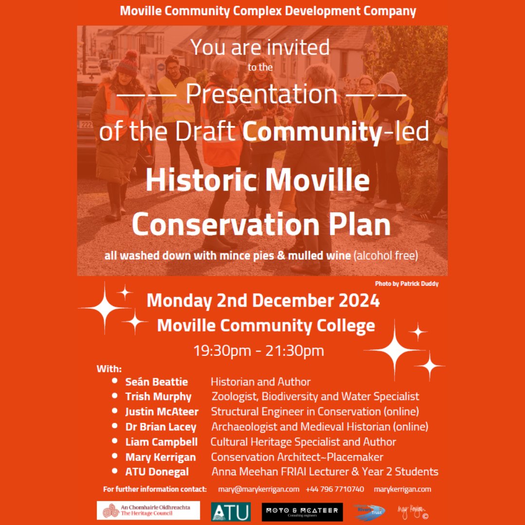You are very warmly invited to a presentation on the emerging Community-led Historic Moville Conservation Plan DRAFT.
This takes place on Monday 2nd December at Moville Community College, 7:30pm-9:30pm.
This is your opportunity to review and comment before finalising by 5th Dec.