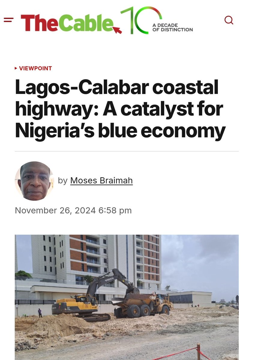 Can infrastructure spark a blue economy revolution? The Lagos-Calabar Coastal Highway might just do that. Below is my insight into the economic potential and investment opportunities along Nigeria’s coastline. 
#BlueEconomy <a href="/AfDB_Group/">African Development Bank Group</a>
<a href="/GboyegaOyetola/">Adegboyega Oyetola</a> 
<a href="/CustomsNG/">NIGERIA CUSTOMS</a> 
<a href="/nigerianports/">Nigerian Ports</a>
