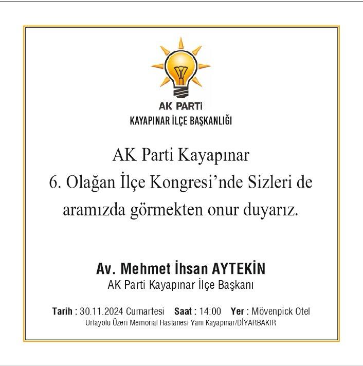 ak_kayapinar's tweet photo. 📍Ak Parti Kayapınar İlçe Başkanlığı...

Ak Parti Kayapınar 6. Olağan Kongresi..

🗓 30/11/2024

⏰14:00

📍Mövenpick Otel https://t.co/XOshh1iEGG
