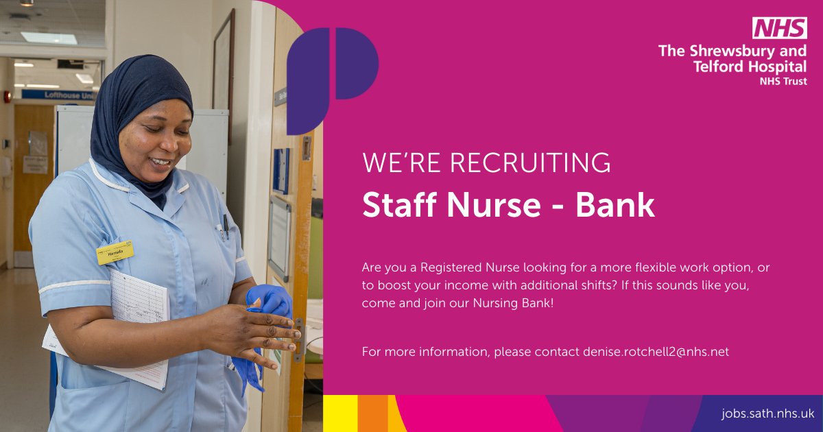 Are you a registered nurse looking for a more flexible work option, or to boost your income with additional shifts?

If so, come and join our Nursing Bank!

To apply today, please visit:
jobs.sath.nhs.uk/find-job/nursi…

#NHSJobs #NursingJobs #FlexibleWorking