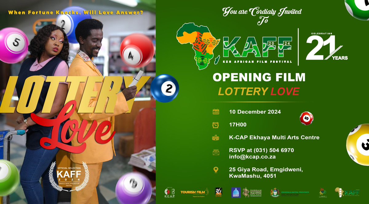 FilmInKZN's tweet image. We are delighted to announce that Lottery Love will officially open the 21st KwaZulu-Natal African Film Festival (KAFF)! Written and directed by the talented Mlungisi Mhlanga and produced by Jacintha De Nobrega, this product of KZNTAF's Made for TV Program.

#KAFF #LotteryLove