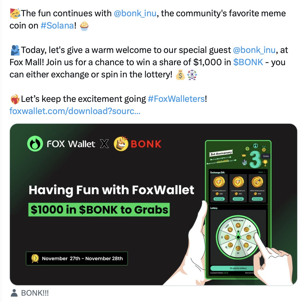 FoxWalletDaily's tweet photo. @magFOMO @bonk_inu @dogwifcoin 🥳Breaking

#FoxWallet and $BONK joint event! Win a share of $1,000 in $BONK
🔗 https://t.co/ly6cga7Tef

#LetsBONK https://t.co/pxWKV49KEn