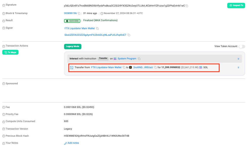 #PeckShieldAlert #FTX Liquidator Main Wallet - labeled address has transferred ~11.4K $SOL (worth ~$2.66m) to #Binance