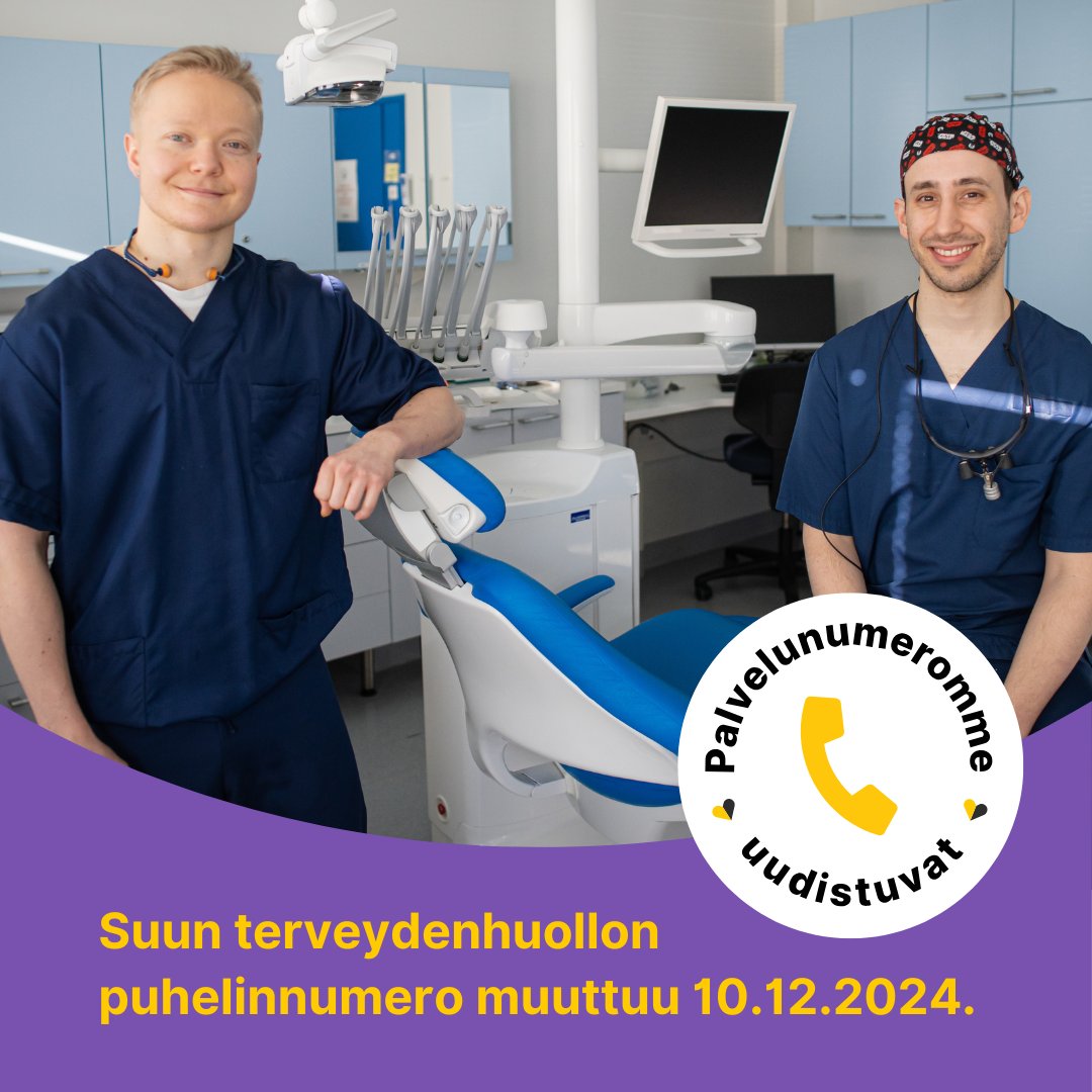 Uudistamme suun terveydenhuollon palvelua 10.12.2024, kun otamme käyttöön uuden, keskitetyn puhelinnumeron 017 273 4500. Uudistus nopeuttaa palveluun pääsyä. Lue uutinen: pshyvinvointialue.fi/fi/w/yhteydeno…

#PohjoisSavonHyvinvointialue #suunterveydenhuolto