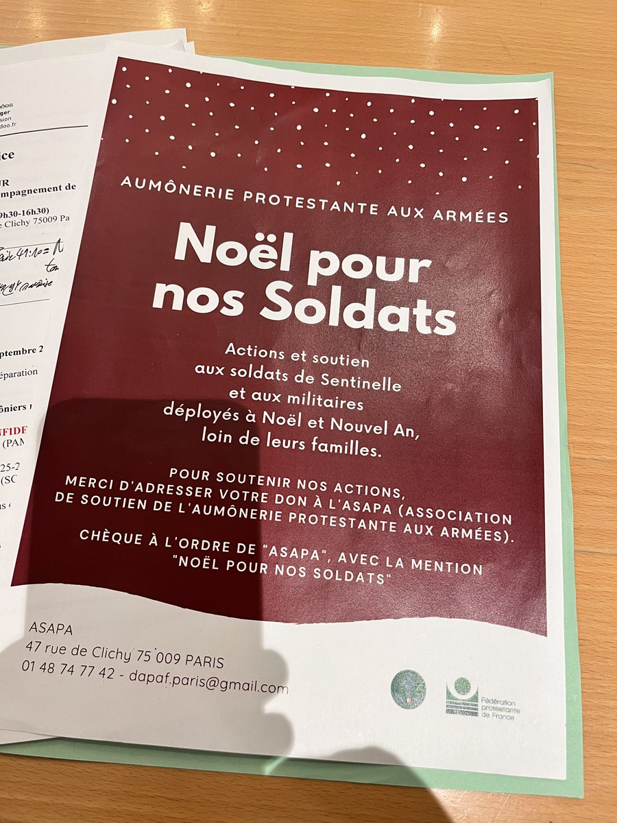 Stauffacher Jean-Raymond (@stauffacherjr) on Twitter photo Privilégié de retrouver ce matin la commission d’accompagnement des aumôniers militaires. Ils lancent un appel aux dons en soutien aux soldats et leurs familles pour Noël. Chèques avec la mention Noël pour nos soldats à envoyer à l’APA, 47 rue de Clichy, 75009, Paris <a href="/FPFCom/">Fédération protestante de France (FPF)</a> Privilégié de retrouver ce matin la commission d’accompagnement des aumôniers militaires. Ils lancent un appel aux dons en soutien aux soldats et leurs familles pour Noël. Chèques avec la mention Noël pour nos soldats à envoyer à l’APA, 47 rue de Clichy, 75009, Paris <a href="/FPFCom/">Fédération protestante de France (FPF)</a>