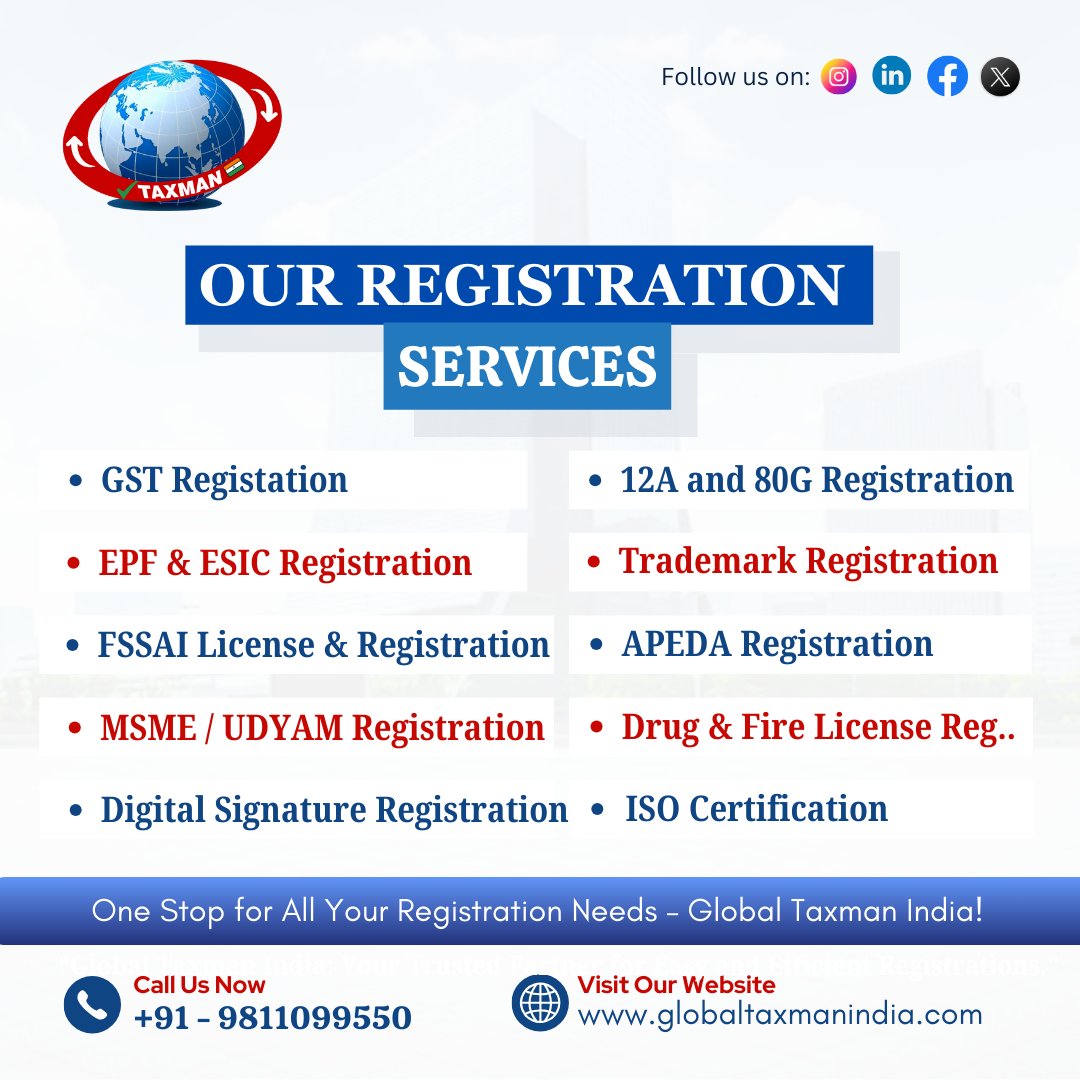 GlobalTaxmanIND's tweet photo. Global Taxman India has got you covered! From GST and MSME to Trademark and ISO Certification, we handle it all. ✅
📞 Call us now at +91-9811099550 or visit 🌐 https://t.co/LkLh72StqQ 
#RegistrationServices #GlobalTaxman #BusinessSolutions #GSTRegistration #TrademarkRegistration https://t.co/lJso8e8FYG