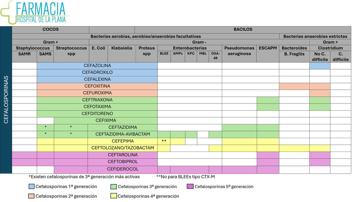 FarmaciaLaPlana's tweet photo. 📢💊 ¡Guarda este tuit! 🧠📋
Tablas resumen con los puntos clave de las CEFALOSPORINAS: espectro, generaciones, posología, ajuste en insuficiencia renal. ✅💡 @Guille_EspM 
 #FarmaciaHospitalaria #Antibióticos https://t.co/QJ6PddlSLV