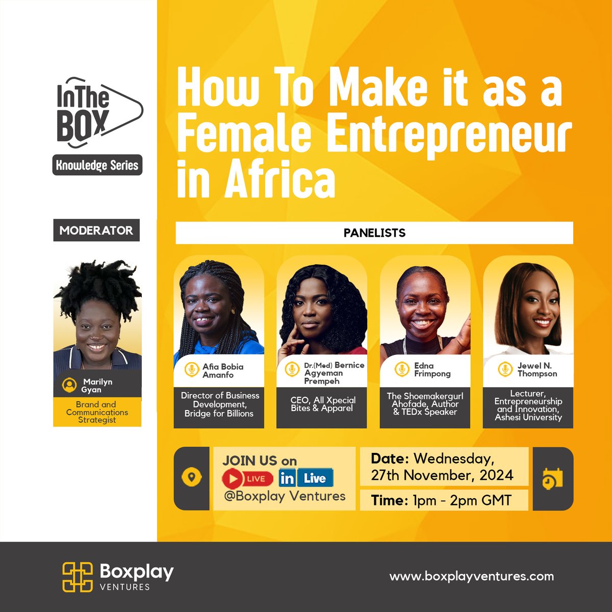 BoxplayV's tweet photo. Calling all female entrepreneurs and visionaries across Africa! 🌍

We are going live at 1pm today! Yes check it out https://t.co/dCaivgvAze

Are you ready to gain actionable insights and be empowered in your entrepreneurial journey? https://t.co/mb9B6Msu9D