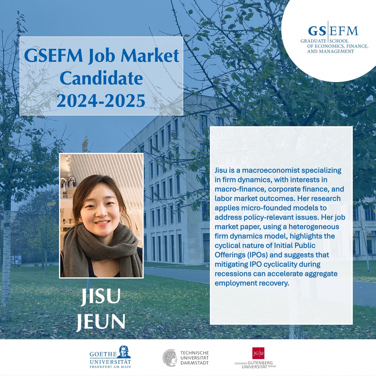 GSEFM1's tweet photo. #JOBMARKET
We are delighted to introduce our 2024 Job Market Candidate Jisu Jeun (@GSEFM1, Frankfurt Quantitative Macroeconomics Group)!

📑 Discover more about her research on: https://t.co/3AEkIepmqG

#GSEFM #JobMarketCandidate #EconJobMarket #PhDcandidate #Economics #Finance https://t.co/EWSnN9OzGi