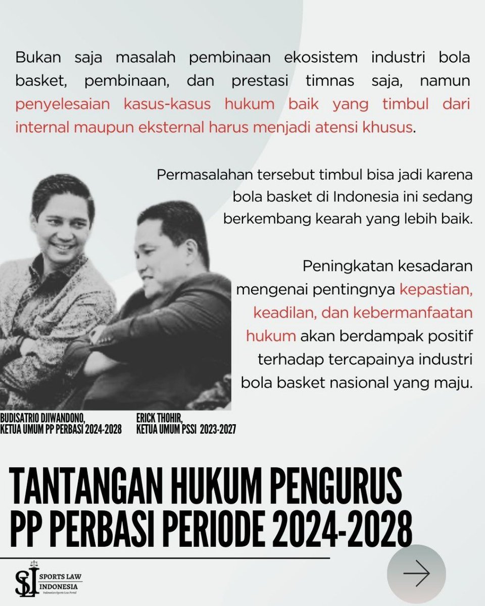 GavrielGulo's tweet photo. Semakin berkembang industri olahraga, semakin banyak masalah. Peran hukum sangatlah penting sebagai instrumen preventif hingga represif terhadap penyelesaian sengketa hukum di dunia olahraga ! https://t.co/xPEXv3b1sA