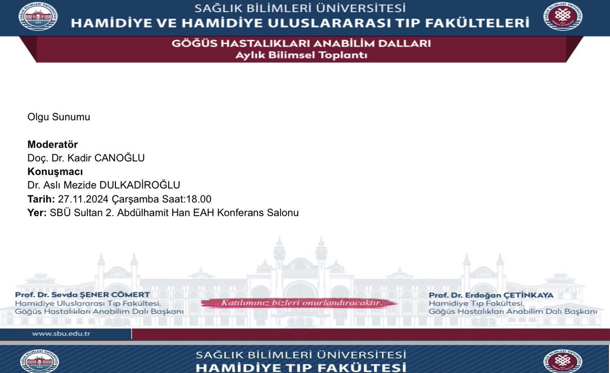 SBÜ Hamidiye ve Hamidiye Uluslararası Tıp Fakültesi Göğüs Hastalıkları ABD Aylık Bilimsel Toplantısı 27. 11.2024 tarihinde saat 18:00’da Sultan II. Abdülhamid Han Eğitim ve Araştırma Hastanesinde  gerçekleşecektir. Sizleri aramızda görmekten mutluluk duyacağız.