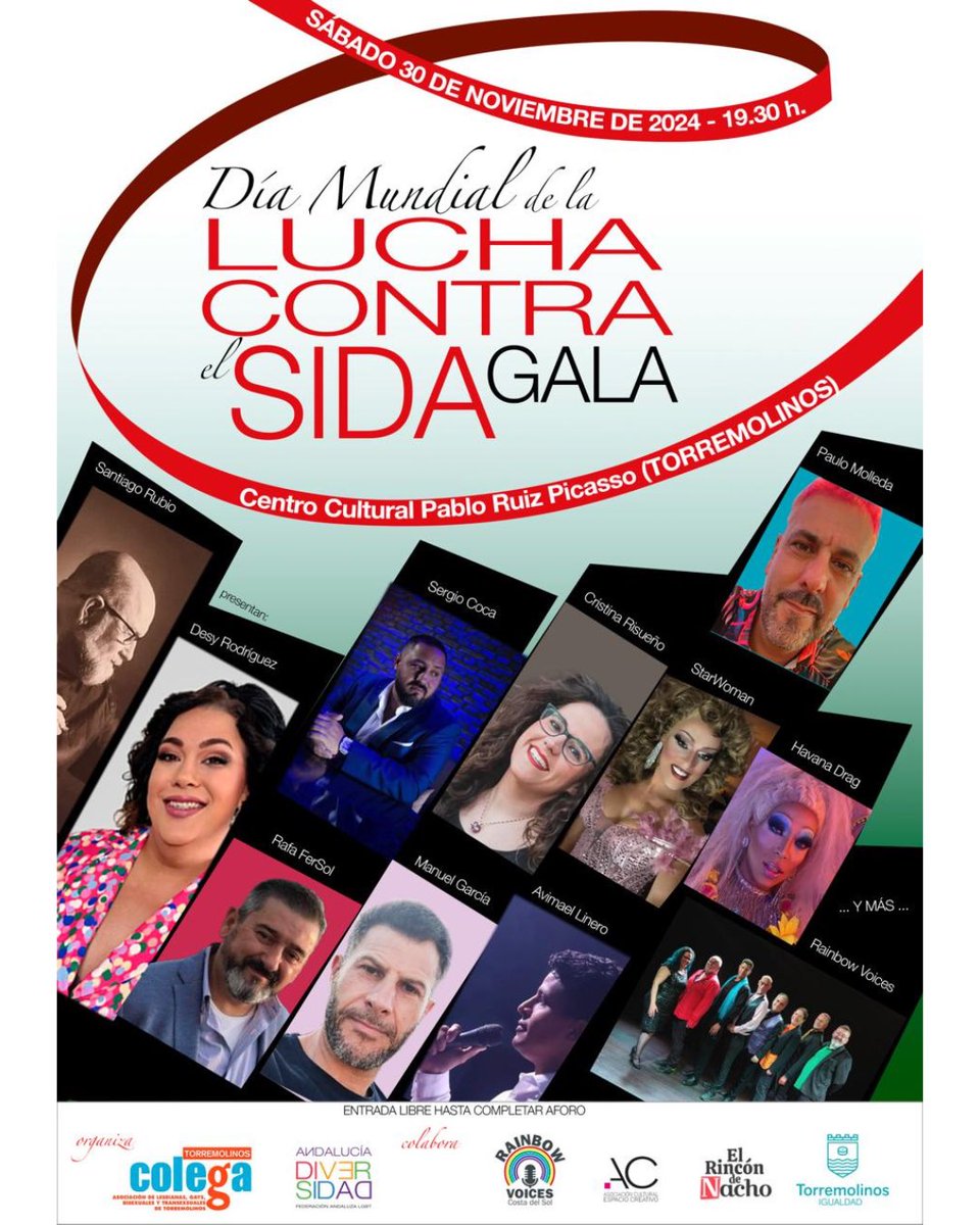 🎉 ¡La Gala más esperada de #ColegaTorremolinos está aquí para el día Mundial de la LUCHA contra el SIDA! 💃🏻solidaridad, música, arte…

🗓️ Sábado, 30n
⏰ 19:30h
📍 Centro Cultural Pablo Ruiz Picasso, Torremolinos
🎟️ Entrada gratuita hasta completar

¡Contamos contigo! 🙌🏻🏳️‍🌈