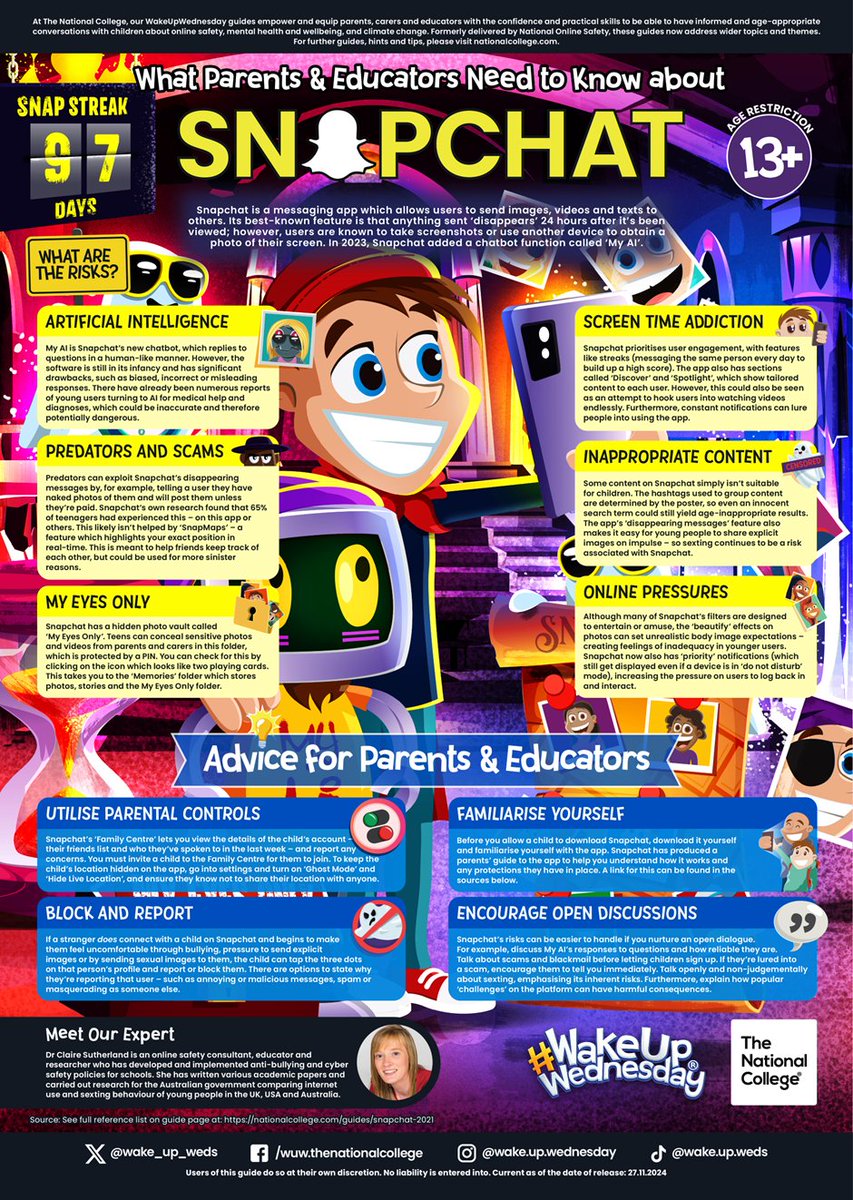 officebhps's tweet photo. This free guide brings you up to date with the risks associated with Snapchat, and lets you know how best to safeguard young people who use the app #wakeupwednesday #parentguide #nationalonlinesafety https://t.co/HzAt2tR52r