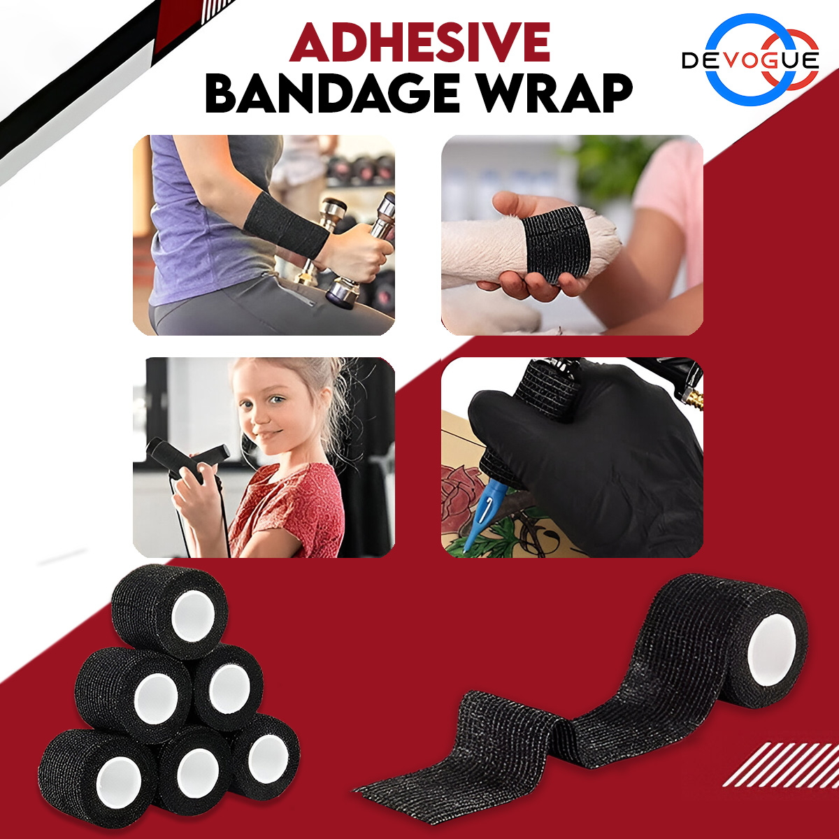 DevogueProducts's tweet photo. Stick to comfort with our Self Adhesive Bandage Wrap that is a must-have for effective and convenient medical and athletic uses. This black adhesive bandage is self-adherent, meaning it sticks securely to itself without the need for pins or clips. https://t.co/jPUafI5Qcs