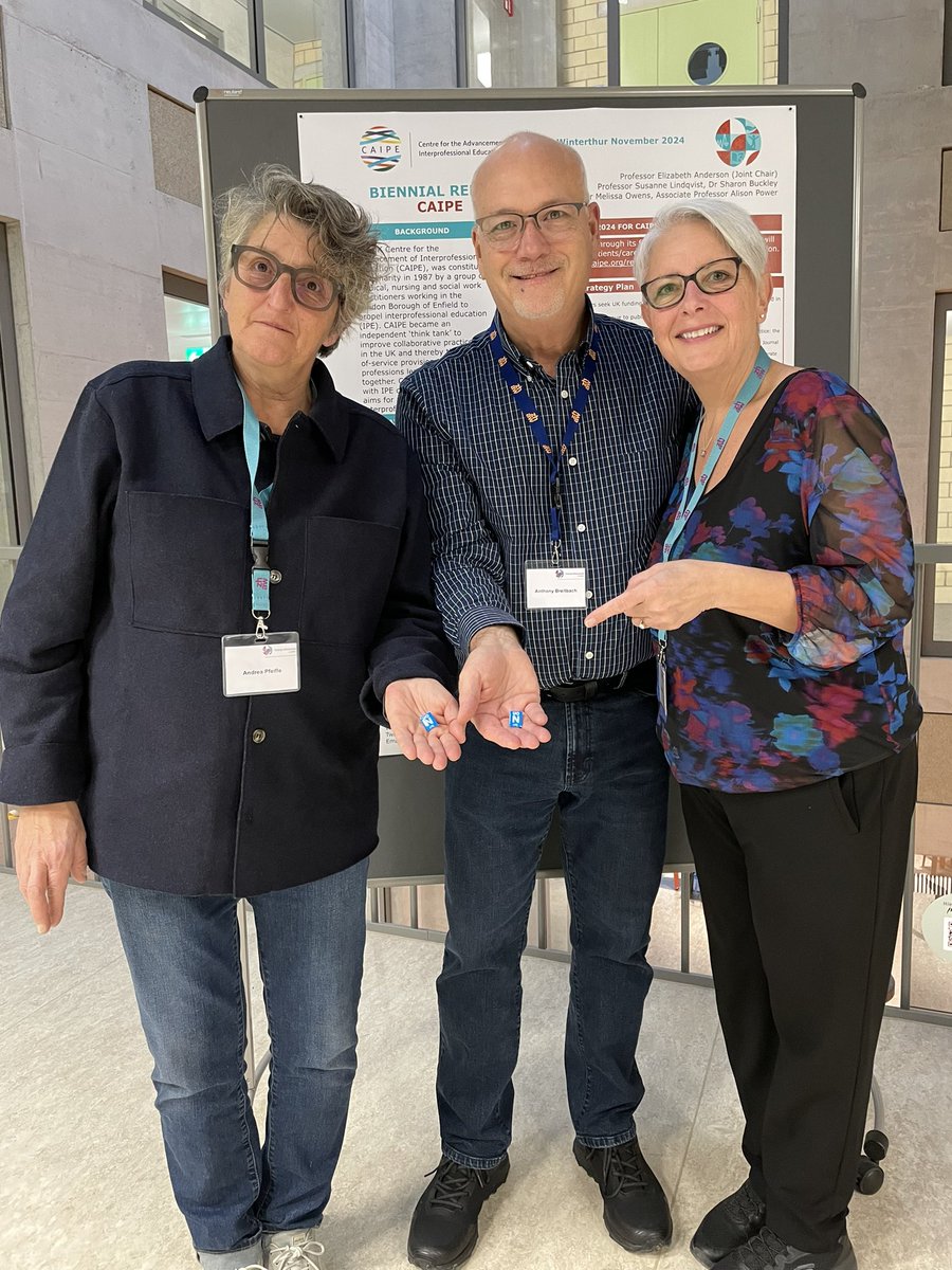 alisonpowerUK's tweet photo. Delighted to present IPE @UniNhantsFHES pin badges to Marion Huber (Chair) and Tony Breitbach (Deputy Chair) of @InterprofGlobal at the Global Partnership Meeting in Switzerland. @BE_4_IPE @JacobSaranga @KhatriRoshni @UniNhantsNews @CAIPEUK #IPE Matters! #globalcollaborations https://t.co/VNqbGQTkFC