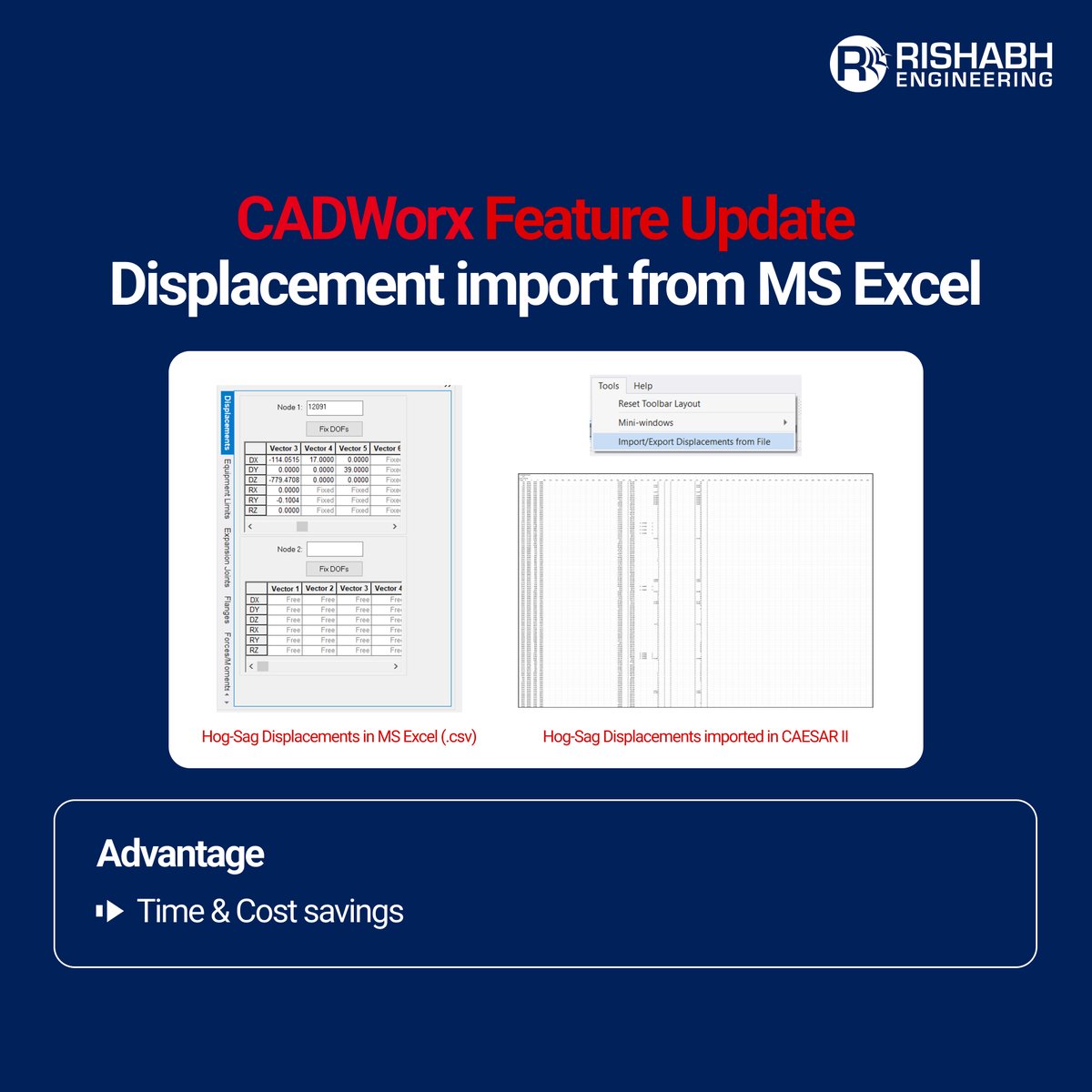 RishabhEng's tweet image. CAESAR II Update: Streamline stress analysis! Import Hog-Sag displacements from Excel to CAESAR II with ease. Efficient, accurate, and fast. #CAESARII #EngineeringSoftware #StressAnalysis #RishabhEngineering