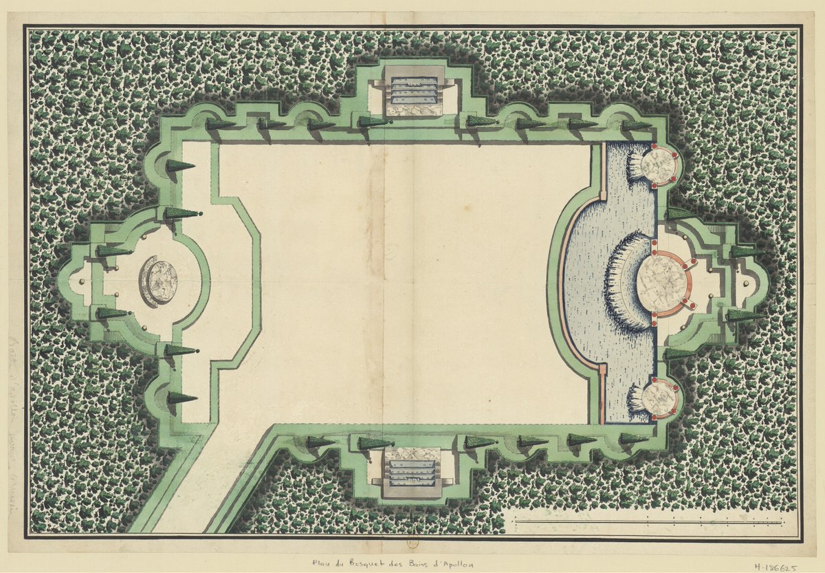 #PlanduJour Plan toisé et aquarellé du bosquet des Bains d'Apollon dans les jardins du <a href="/CVersailles/">Château de Versailles</a> [vers 1704]

#VERSPERA Dessin conservé <a href="/laBnF/">La Bibliothèque nationale de France</a>, VA-423 (2)-FT 4 ➡️ …images.chateauversailles-recherche.fr/?query=search=…