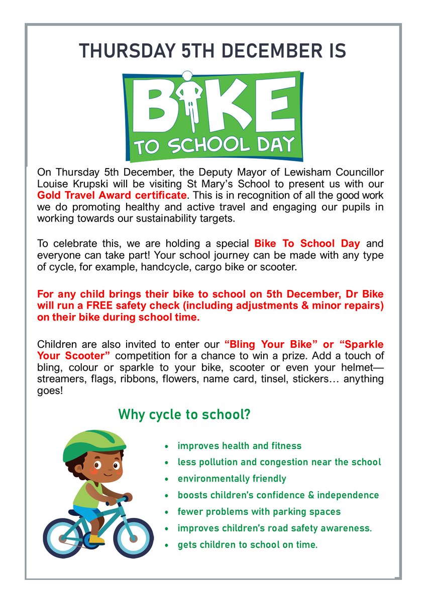 Bling Your Bike and cycle it to school next Thursday to get a FREE bike safety check from <a href="/DrBike_Lewisham/">Dr Bike Lewisham</a> and a chance to win a prize! On that day we also welcome <a href="/LouiseKrupski/">Louise Krupski</a> who will present our <a href="/TfL/">TfL</a> Gold Travel Award certificate #travelforlife #Lewisham